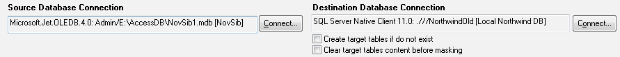 DTM Data Masking Tool, source and target database connections establishing