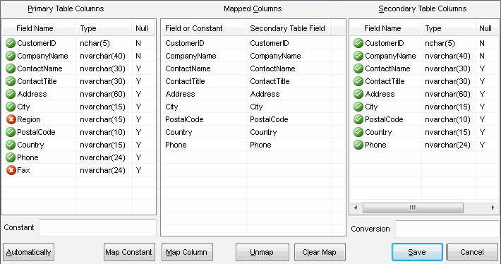 DTM Data Comparer: data columns mapped automatically