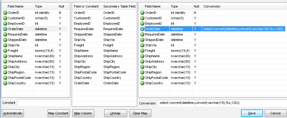 DTM Data Comparer: column mapped with data conversion / transformation