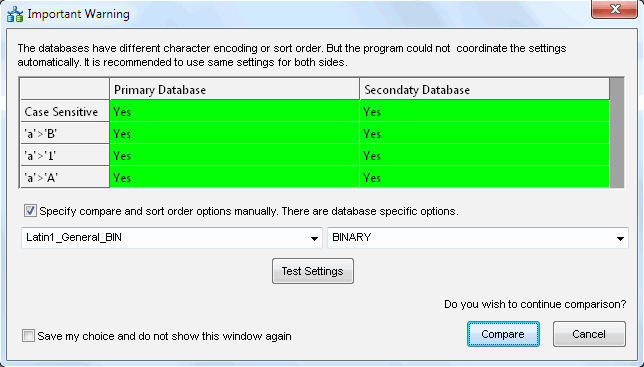 DTM Data Comparer: show collation and sort order options