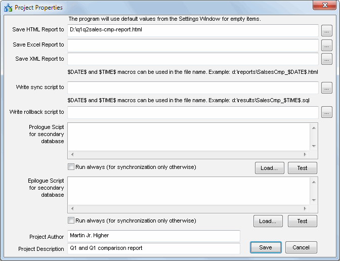 DTM Data Comparer: Project Properties window