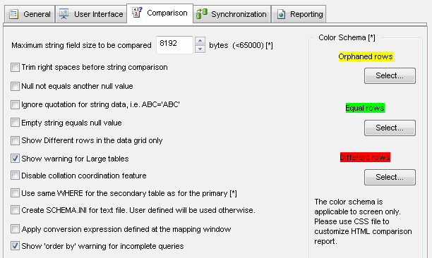 DTM Data Comparer: Comparison settings page