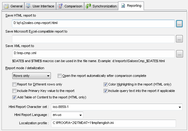 DTM Data Comparer: Comparison report settings page