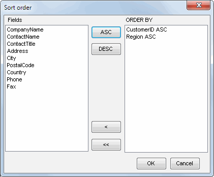 DTM Data Editor: Sort order dialog