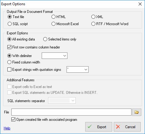 data export properties window