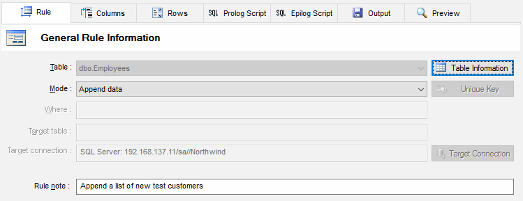 Information about source and target (for data scramble) tables