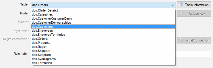 DTM Data Generator: Select table from the list