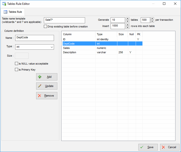 DTM Data Generator: Table Creation Rule properties