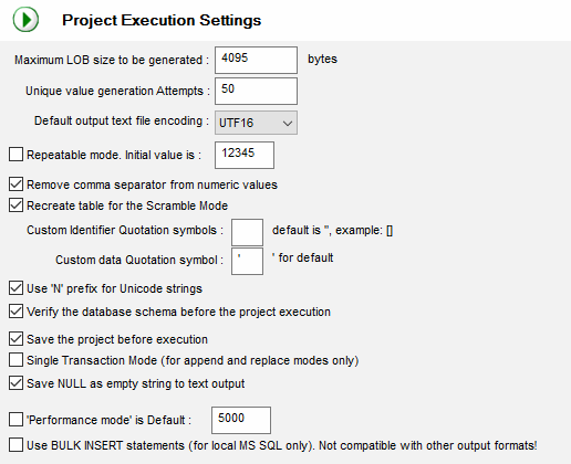 DTM Data Generator: project execution settings