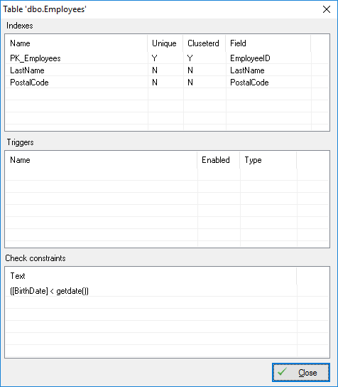 DTM Data Generator: Database table detailed Information