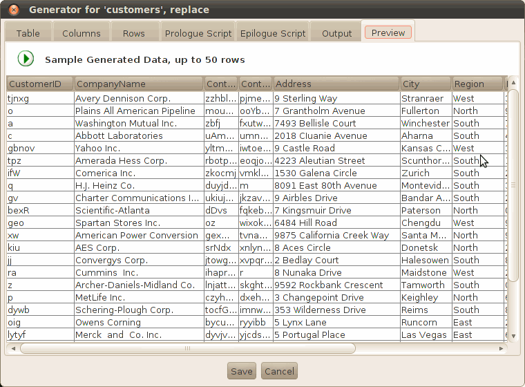 DTM Data Generator Runtime (Multiplatform Edition): sample data preview window