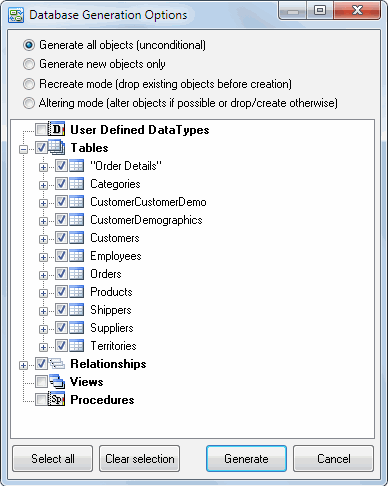 DTM Data Modeler: Database Generation Options