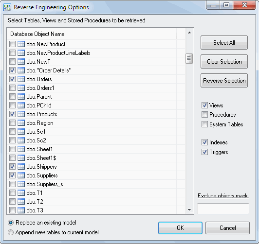 DTM Data Modeler: Reverse Engineering Options