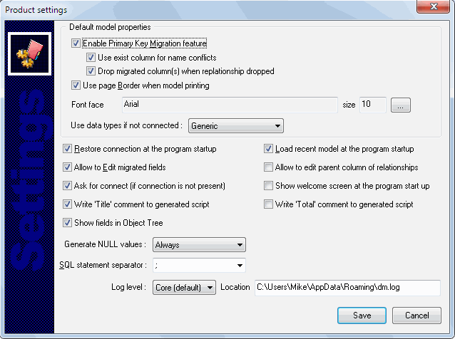 DTM Data Modeler: product Settings