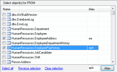 DTM SQL editor: SQL builder - select database table or view