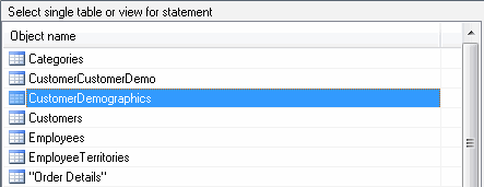 DTM SQL editor: SQL builder - select single object: table or view