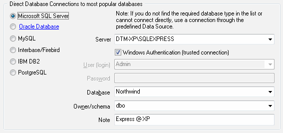 Direct database connection panel