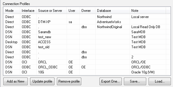 Connection profiles panel