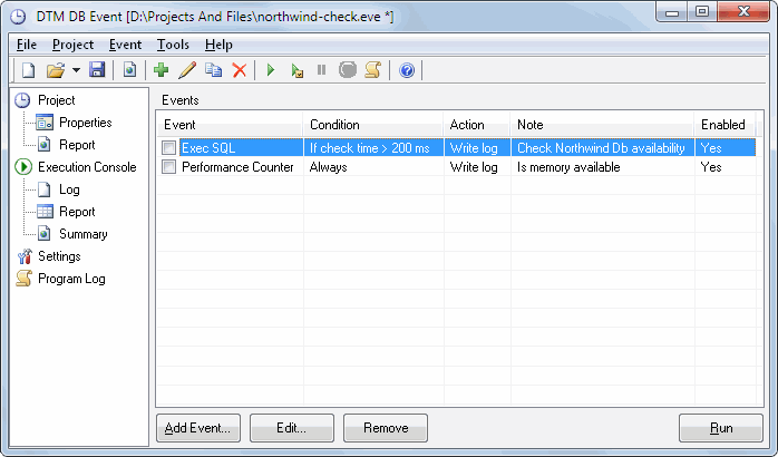 DTM DB Event: main window, database events list