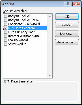 DTM Data Generator for Excel: Microsoft Excel add-in manager