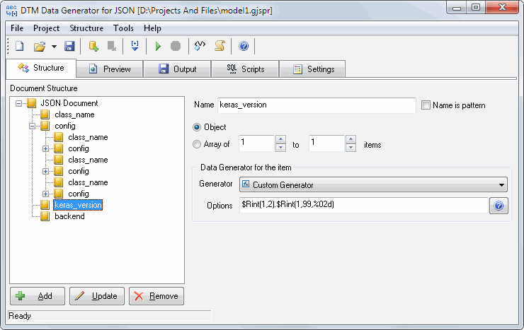 DTM Data Generator for JSON: main window, list or rules