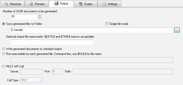 DTM Data Generator for JSON: Output Options