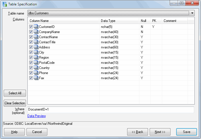 DTM Migration Kit: source database table selection