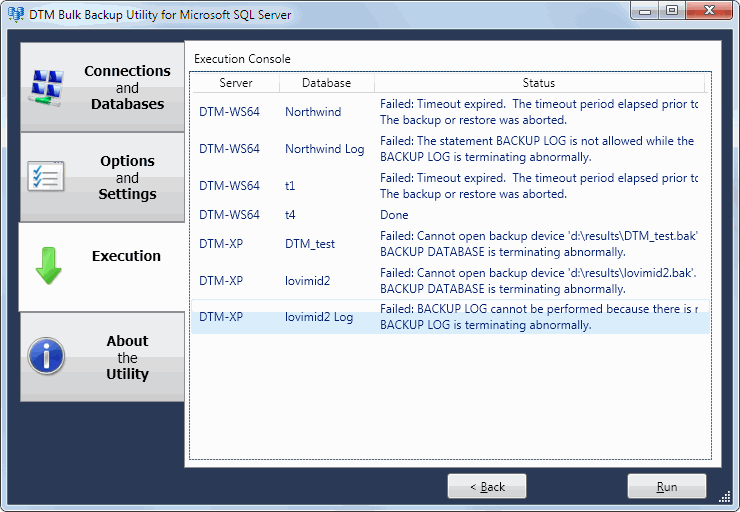 DTM Bulk Backup Utility: execution console