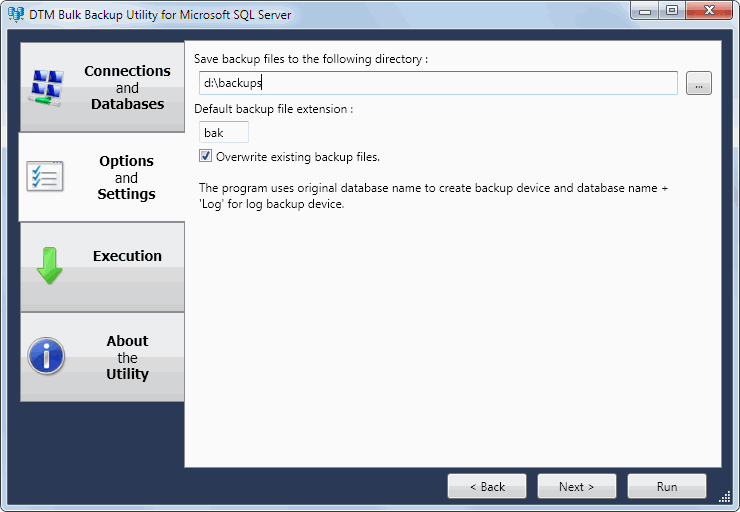 DTM Bulk Backup Utility: settings and options page