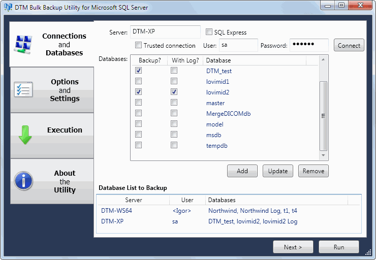 DTM Bulk Backup Utility database list selection