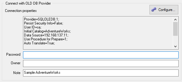 OLE DB connection properties