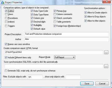 DTM Schema Comparer: Oracle database comparison and synchronization project options