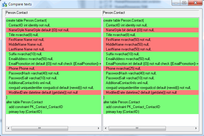 DTM Schema Comparer: compare texts for database objects