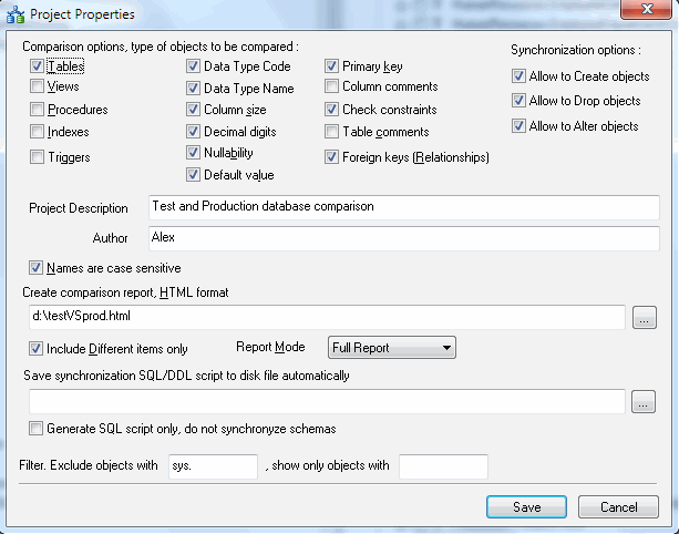 DTM Schema Comparer: Project properties window