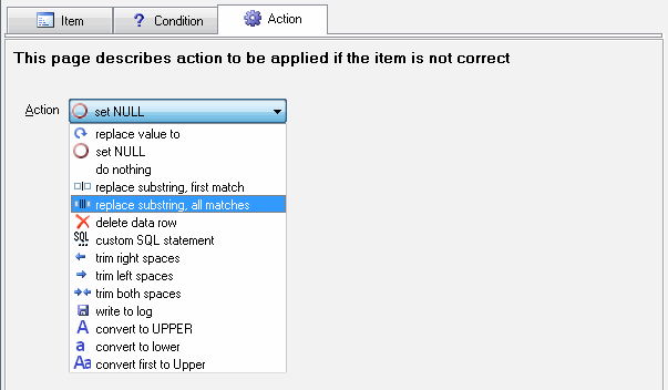 DTM Data Scrubber: Rule Editor, Action