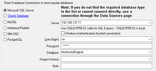 Direct database connection panel