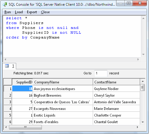 DTM Schema Inspector: sql console