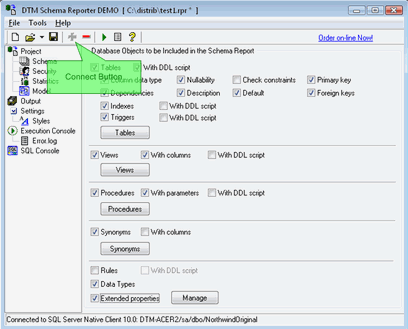 DTM Schema Reporter: Connect to database