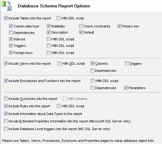 DTM Schema Reporter Online Help: Database Schema Report Options