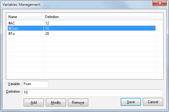 DTM Test XML Generator Online Help: variable management window